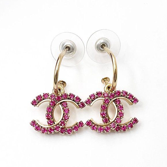 Chanel Gold PlatedCC Fuchsia Crystal Hoop Piercing Earrings